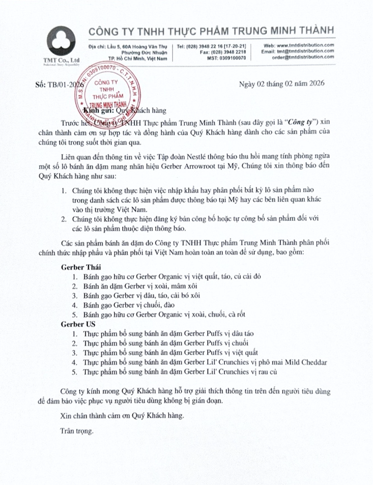 THÔNG BÁO ĐÍNH CHÍNH THÔNG TIN VỀ VIỆC THU HỒI SẢN PHẨM BÁNH ĂN DẶM MANG NHÃN HIỆU GERBER ARROWROOT TẠI MỸ